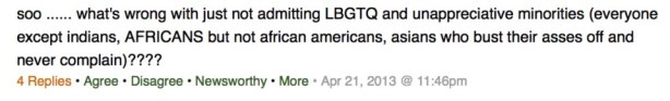 "What's wrong with just not admitting LBGTQ and unappreciative minorities...?"